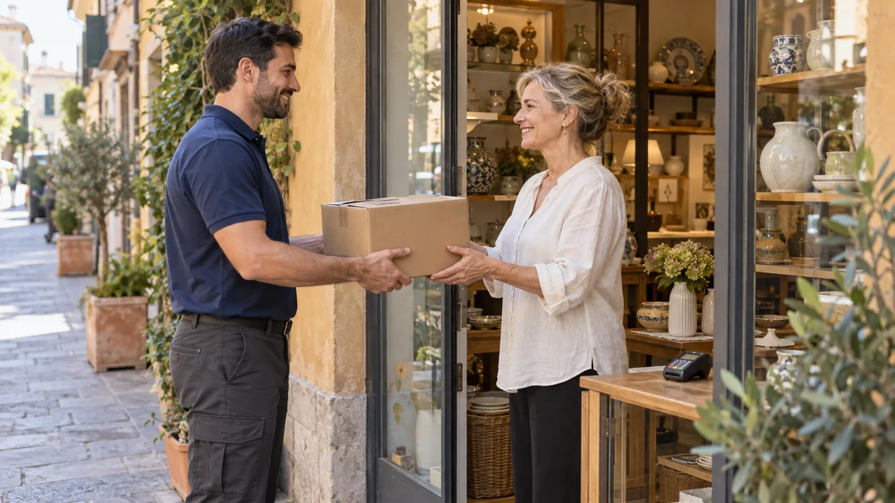 Un corriere consegna un pacco a una negoziante sulla soglia di un’attività commerciale.