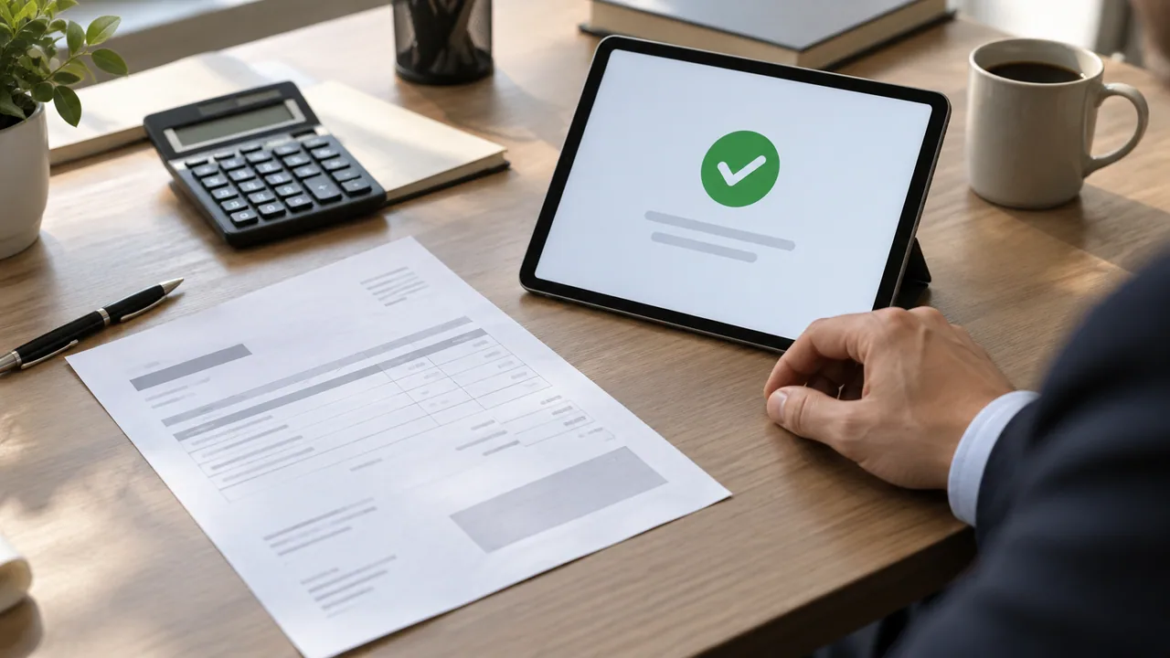 Fattura e tablet su una scrivania amministrativa ordinata.