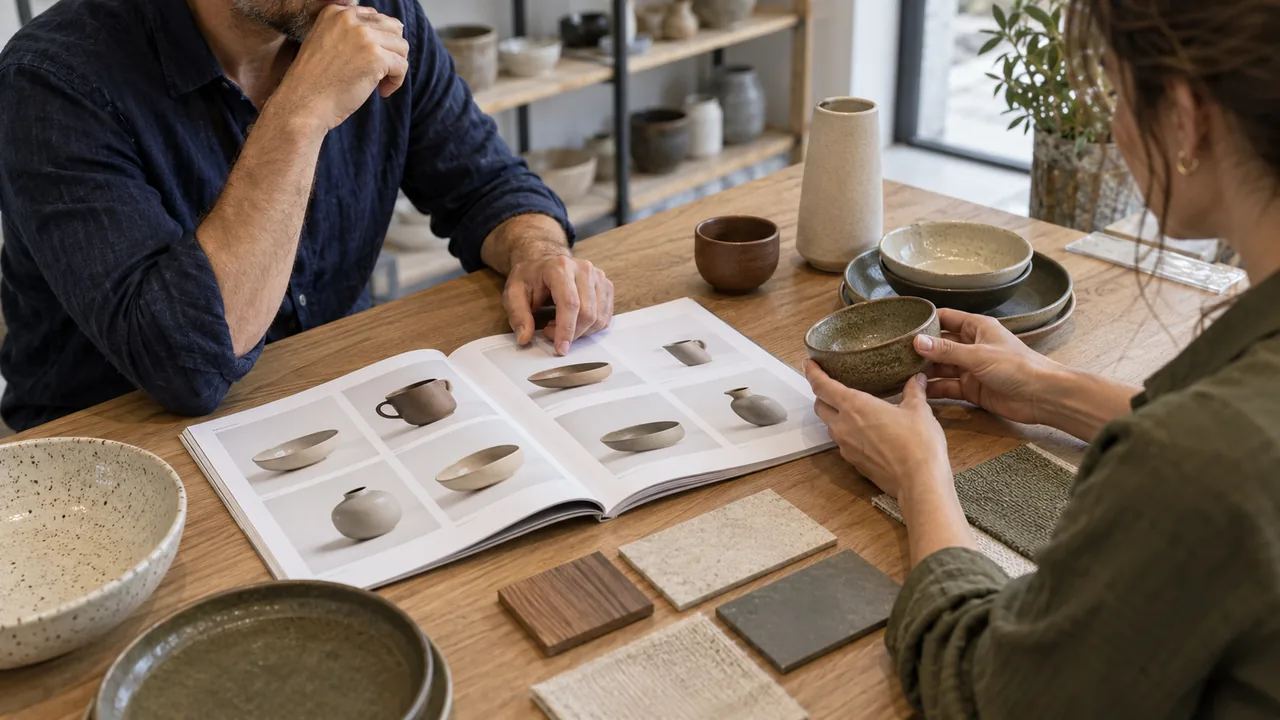 Due professionisti sfogliano un catalogo e confrontano ceramiche e campioni durante un incontro commerciale.