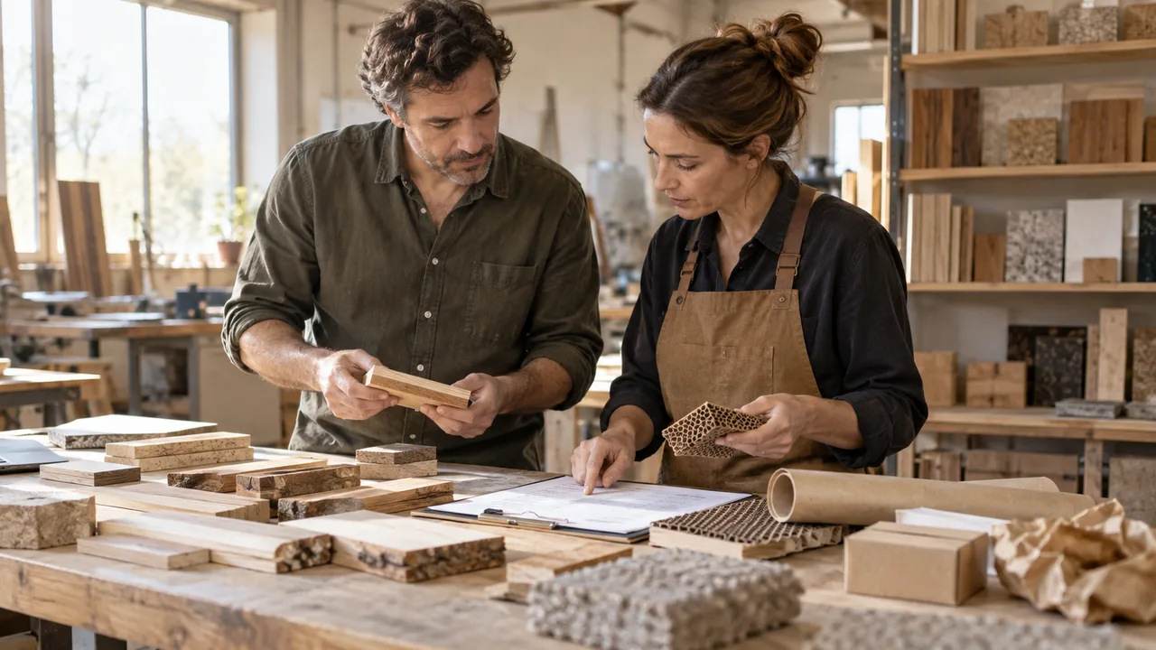 Due professionisti esaminano campioni di legno, imballaggi e documentazione in un laboratorio di mobili.