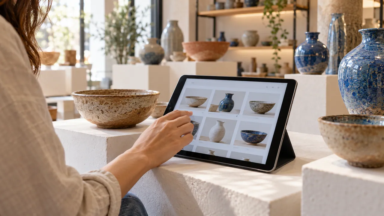 Consultazione di un catalogo digitale in uno showroom con prodotti esposti sullo sfondo.