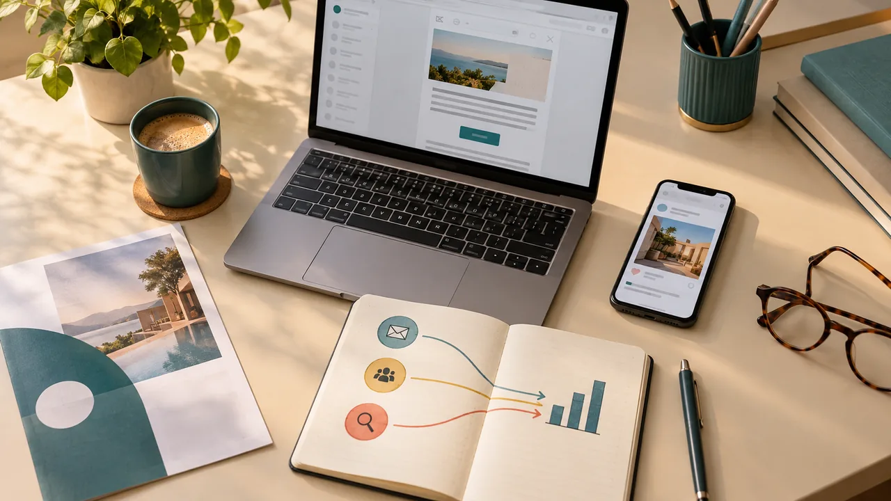 Scrivania vista dall’alto con una newsletter sul portatile, uno smartphone e materiale promozionale stampato.