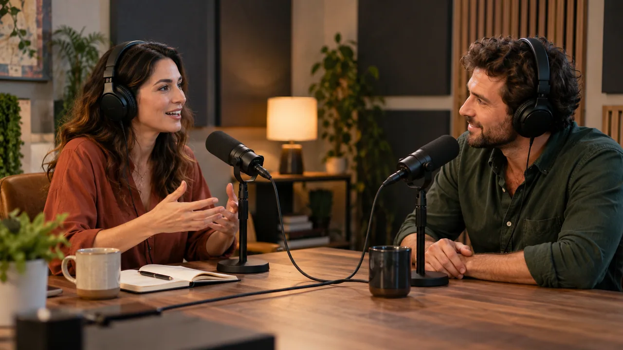 Due interlocutori registrano un podcast davanti ai microfoni in uno studio raccolto