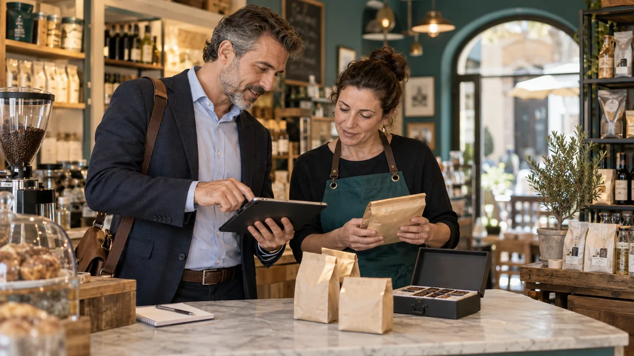 Scena illustrativa generata con AI: un agente commerciale e una negoziante consultano un tablet durante un riordino al banco.