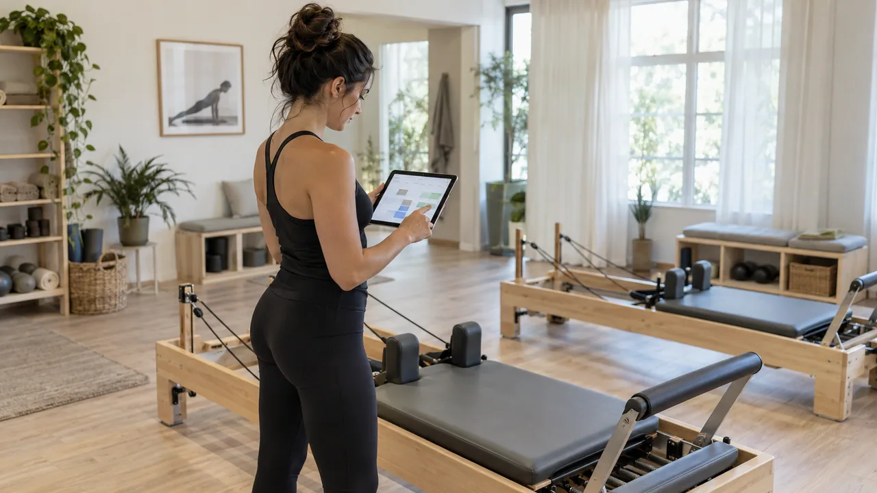Istruttrice di Pilates che consulta un calendario sul tablet accanto a un reformer nello studio.