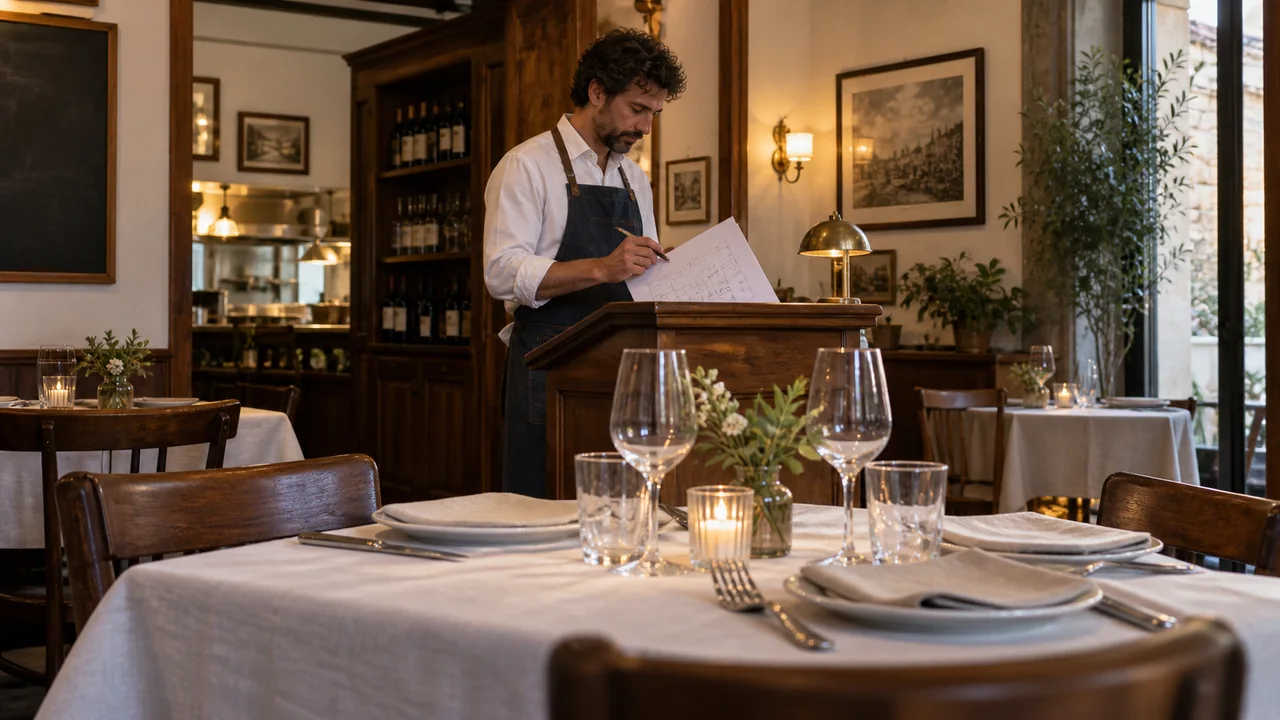 Tavolo apparecchiato in un ristorante con il responsabile che organizza l’accoglienza degli ospiti