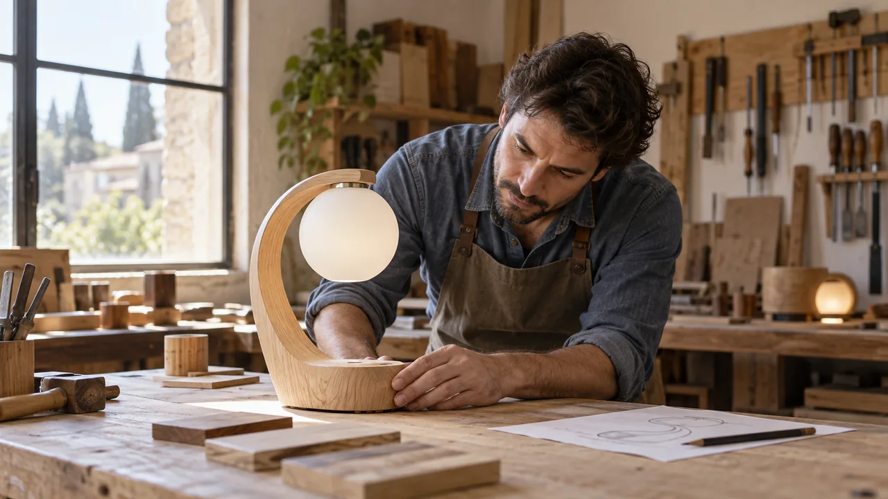 Scena illustrativa: un artigiano esamina il prototipo di una lampada in legno e vetro nel suo laboratorio.
