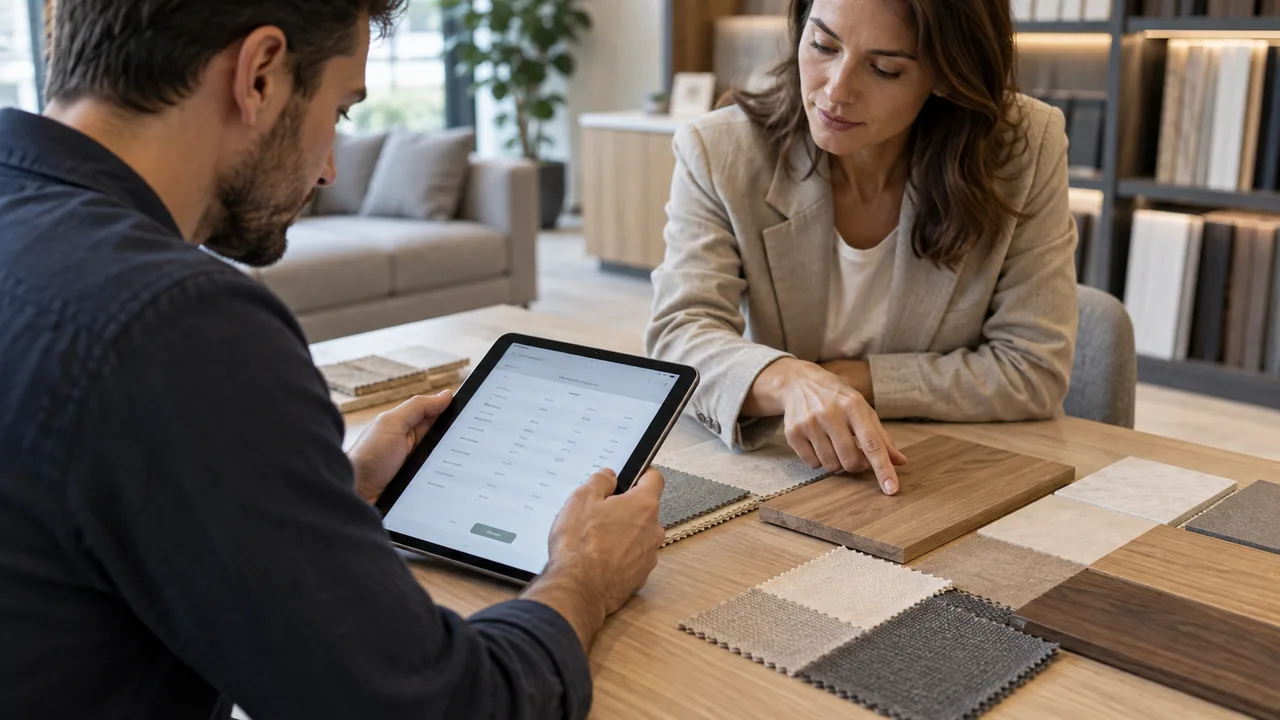 Cliente che consulta una proposta su tablet in uno showroom, accanto a campioni dei materiali scelti, in una scena illustrativa.