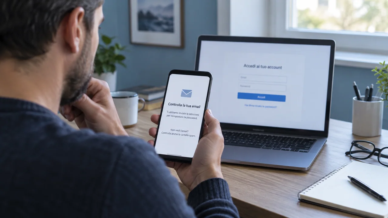 Scena illustrativa: cliente consulta sullo smartphone le istruzioni di recupero accesso accanto al portatile.