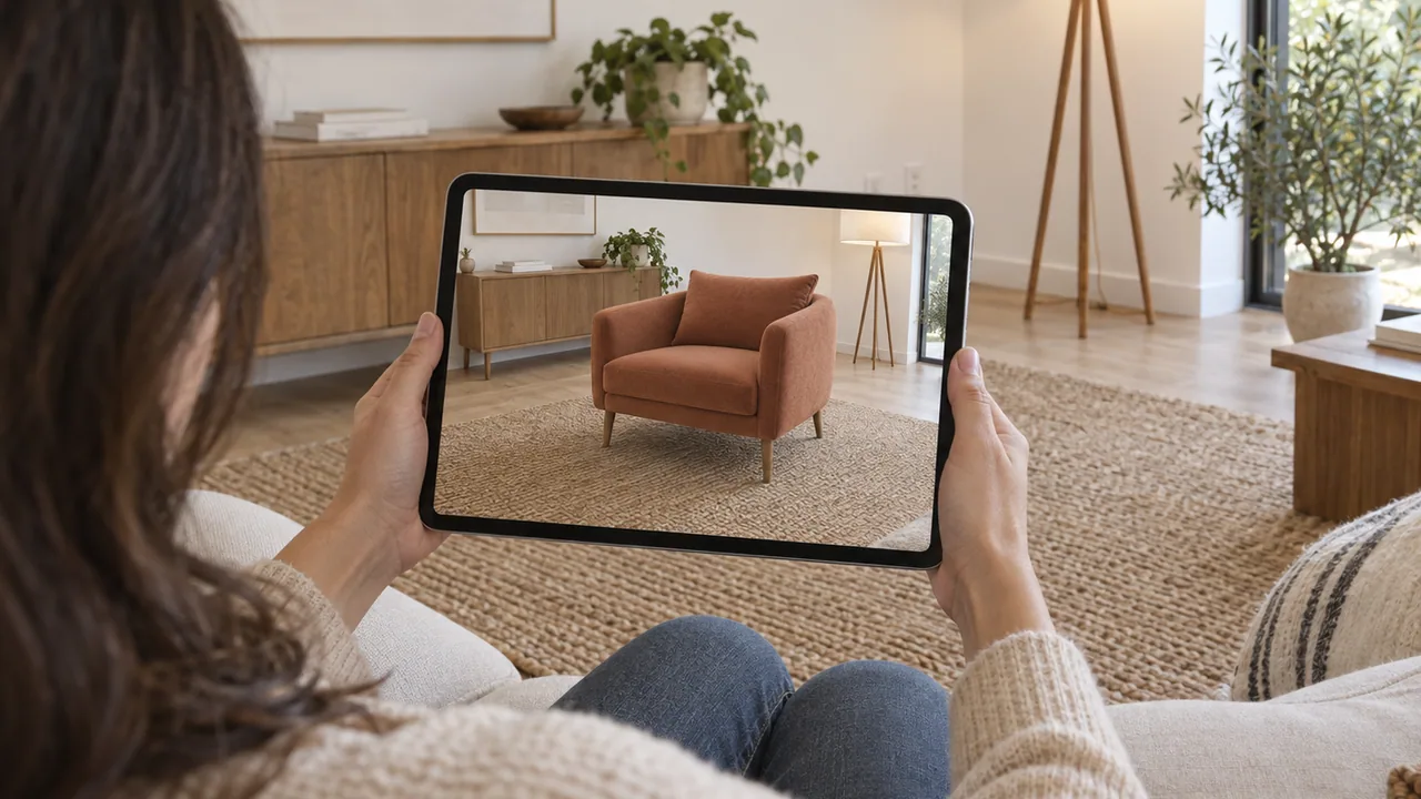 Persona che osserva sul tablet una poltrona in anteprima nel soggiorno attraverso la realtà aumentata.