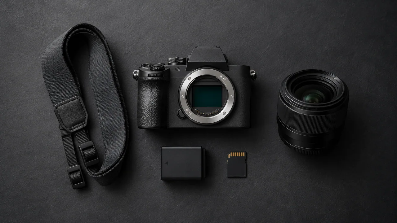 Fotocamera, obiettivo, tracolla, batteria e scheda di memoria disposti su un piano scuro.