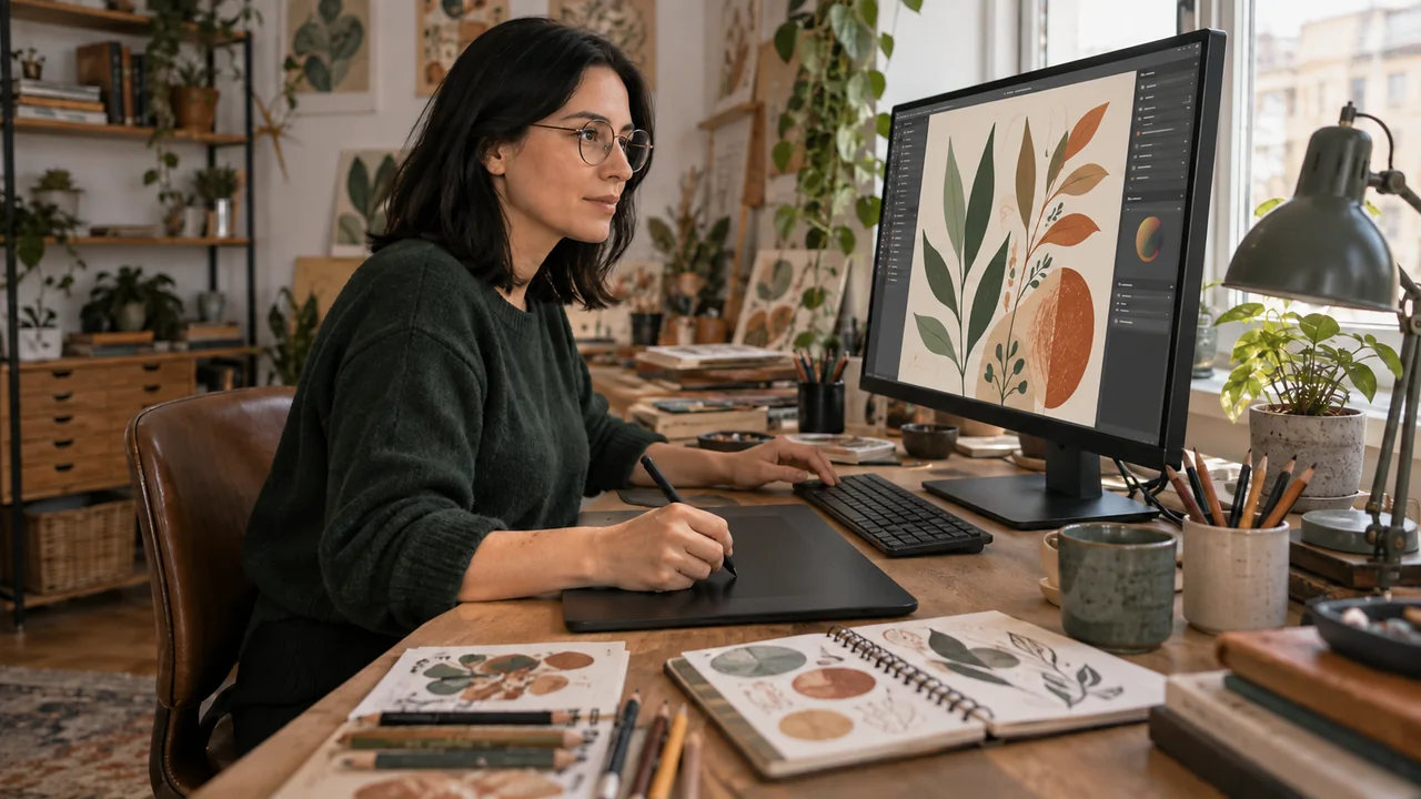 Illustratrice lavora con una tavoletta grafica davanti al monitor nel suo studio creativo.