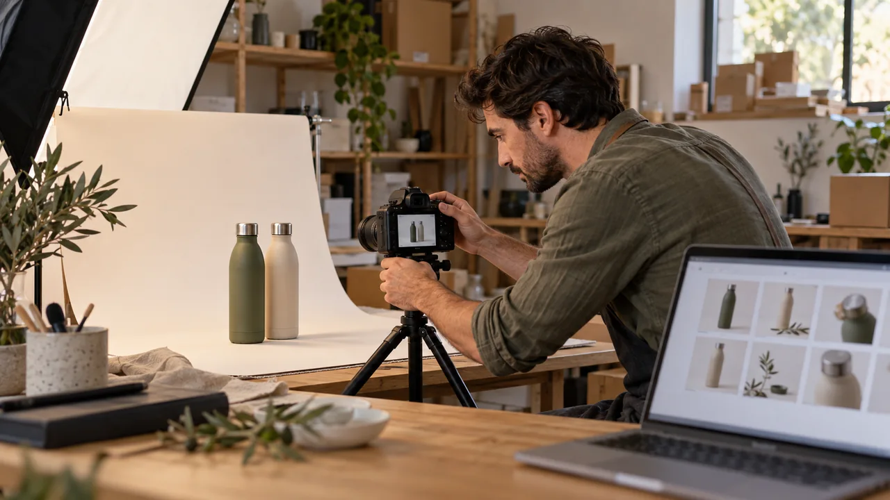 Scena illustrativa generata con AI: un commerciante fotografa un prodotto su un tavolo da studio accanto a un computer con un catalogo digitale.