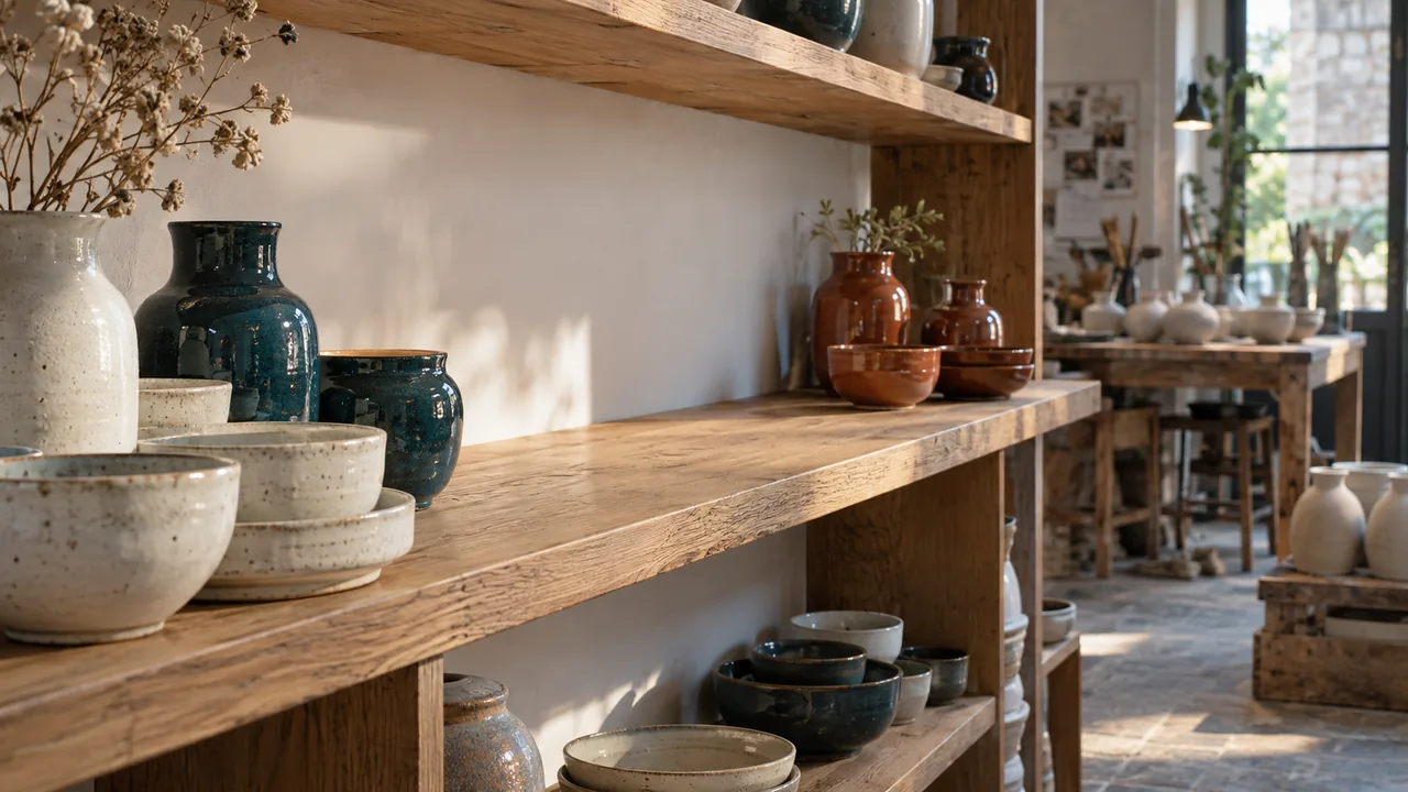 Scena illustrativa: uno scaffale di ceramiche artigianali mostra uno spazio vuoto fra gruppi di prodotti disponibili.