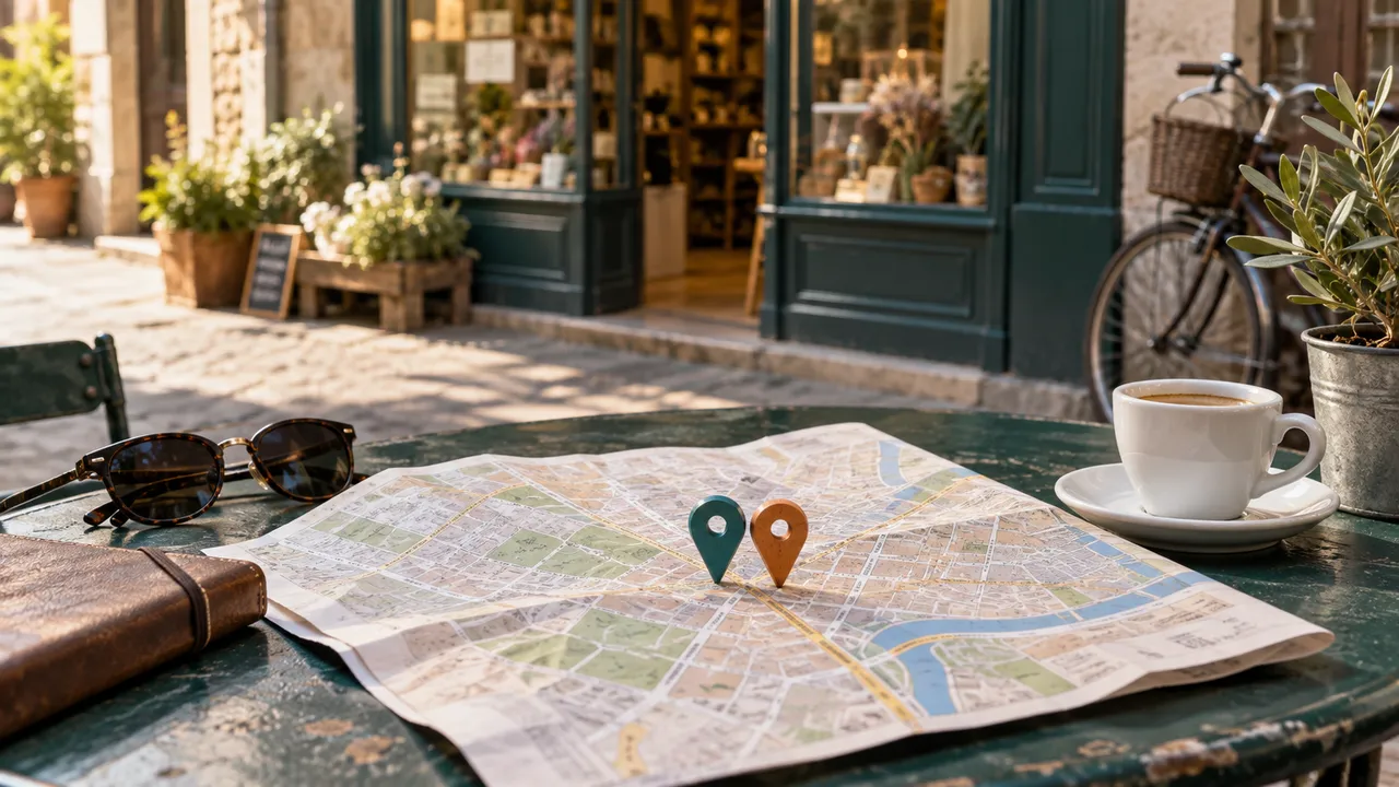 Mappa cartacea con due segnaposto sulla stessa posizione davanti alla vetrina di un’attività, in una scena illustrativa.