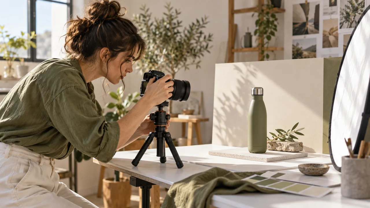 Creatrice di contenuti che fotografa un prodotto su un set da tavolo con fotocamera e riflettore.