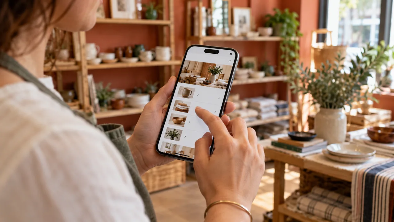 Una persona prova il menu di un sito sullo smartphone all’interno di un negozio