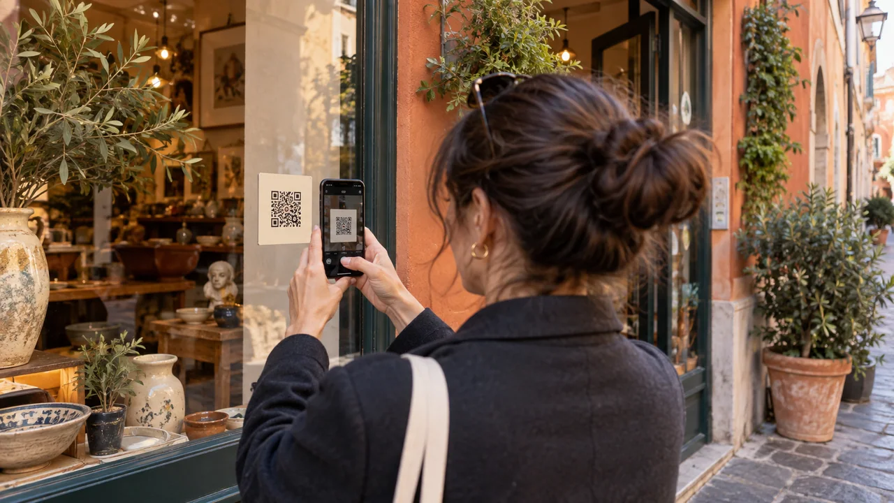 Scena illustrativa: una visitatrice inquadra con lo smartphone un QR code esposto in vetrina.