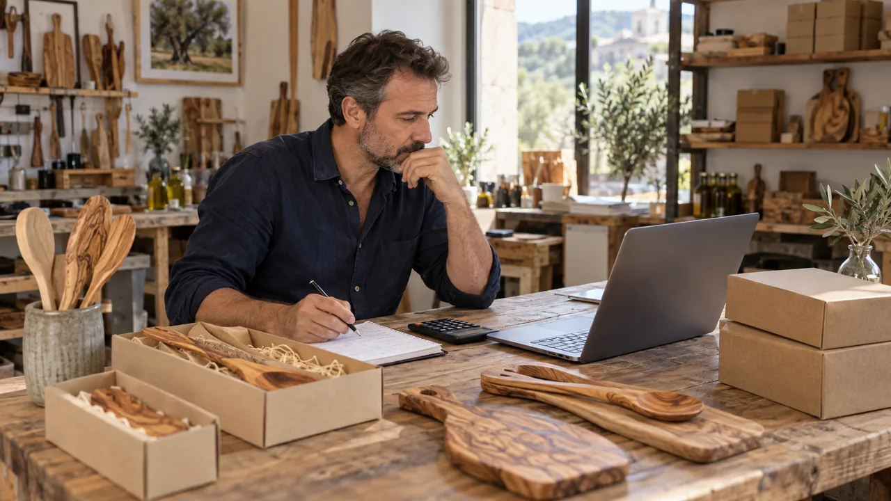 Scena illustrativa: un produttore pianifica il negozio online fra utensili in legno, confezioni e un prospetto di lavoro.