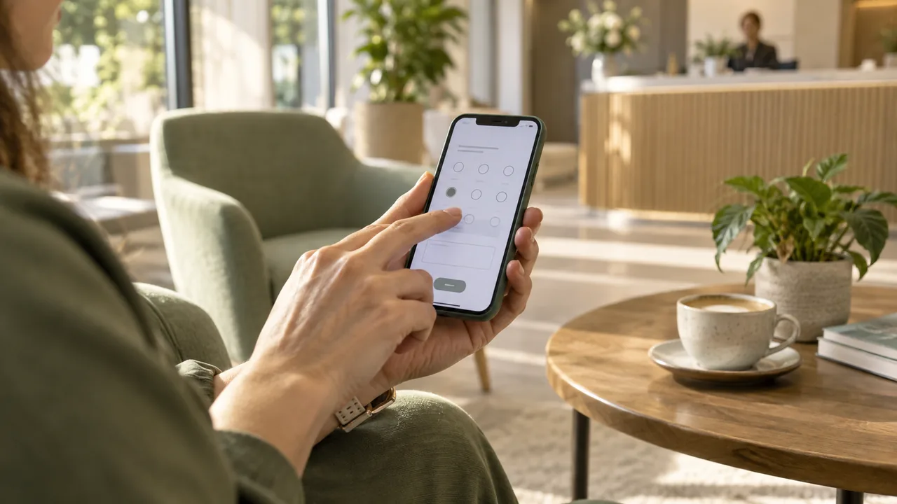 Cliente che compila un breve questionario sullo smartphone al termine di un servizio in un ambiente accogliente.