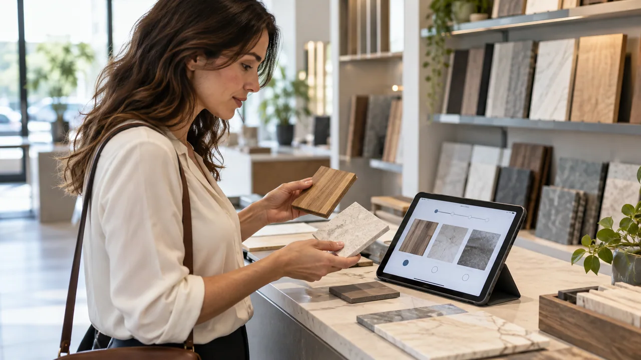 Una cliente usa un tablet accanto a campioni di materiali in uno showroom.