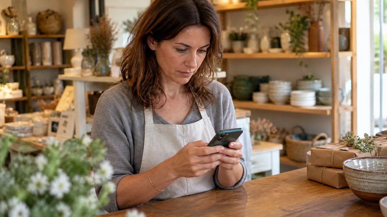 Titolare di un negozio al banco mentre controlla le recensioni sullo smartphone