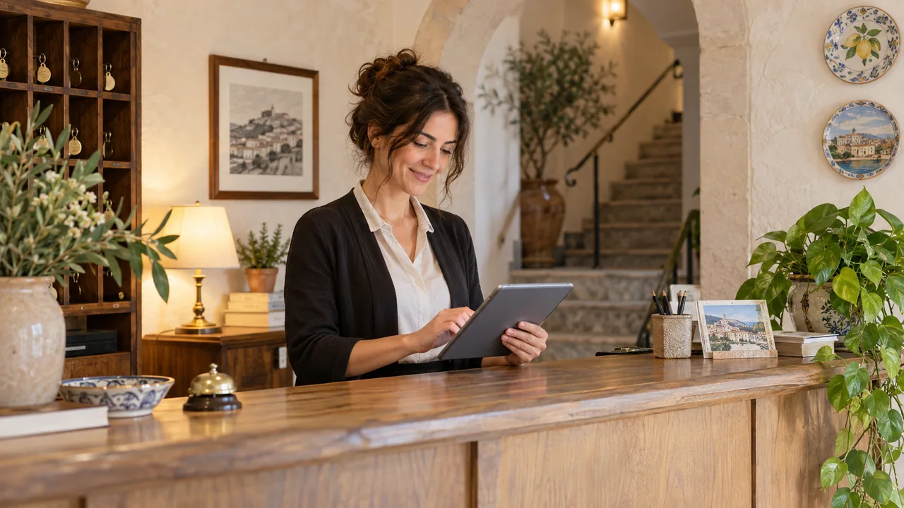 Persona alla reception di una struttura ricettiva controlla il sito su un tablet.