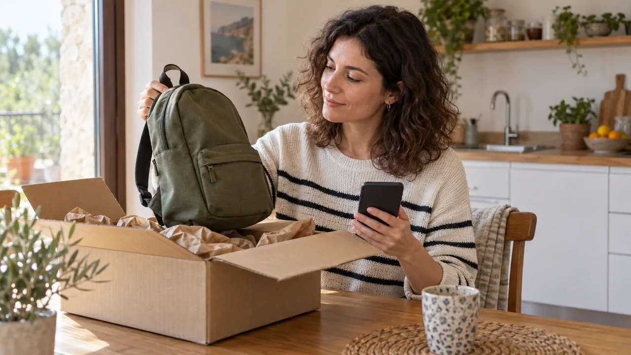 Scena illustrativa: una cliente esamina uno zaino appena ricevuto, con smartphone e confezione aperta sul tavolo.