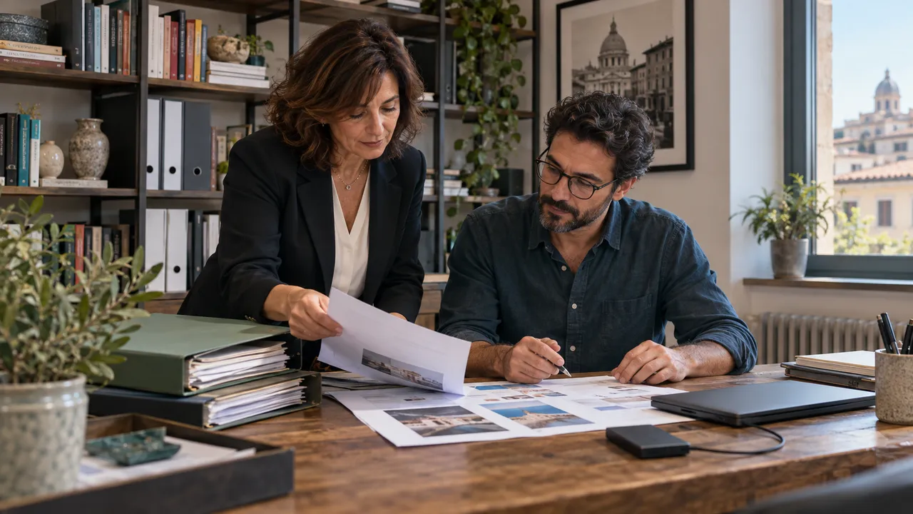 Titolare e consulente riordinano cartelle e materiali del sito in ufficio, in una scena illustrativa.