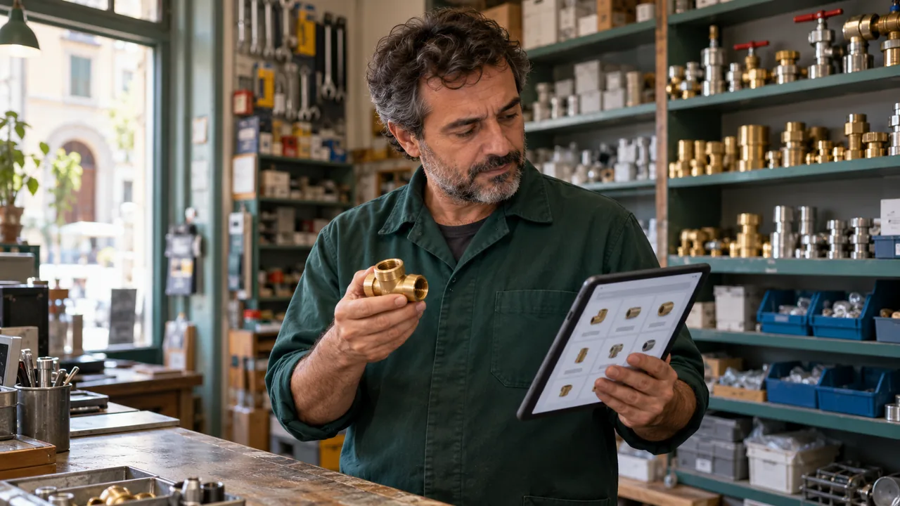 Negoziante confronta un raccordo con il catalogo su tablet in una ferramenta.