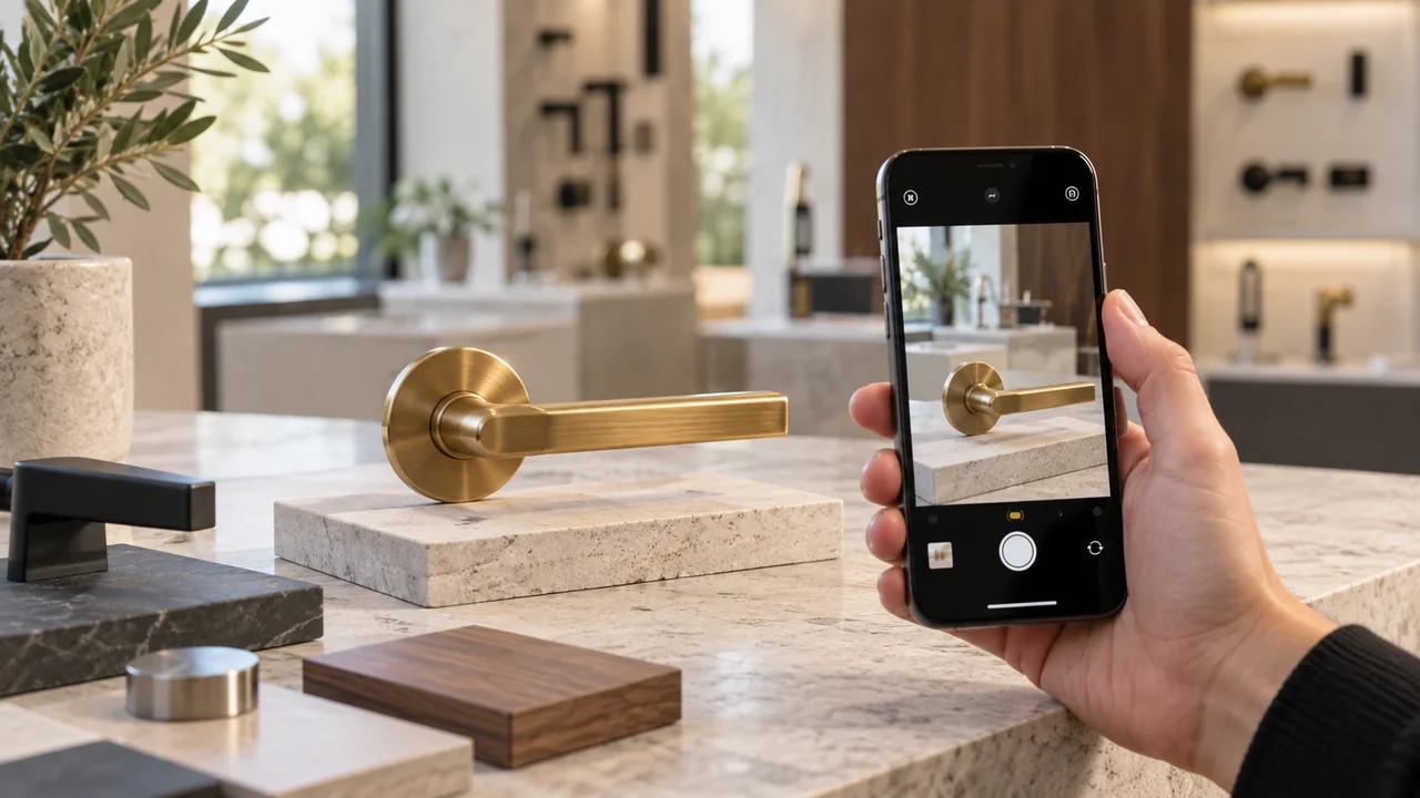 Smartphone inquadra una maniglia in ottone su un banco con campioni di finiture per la ricerca di prodotti tramite foto.
