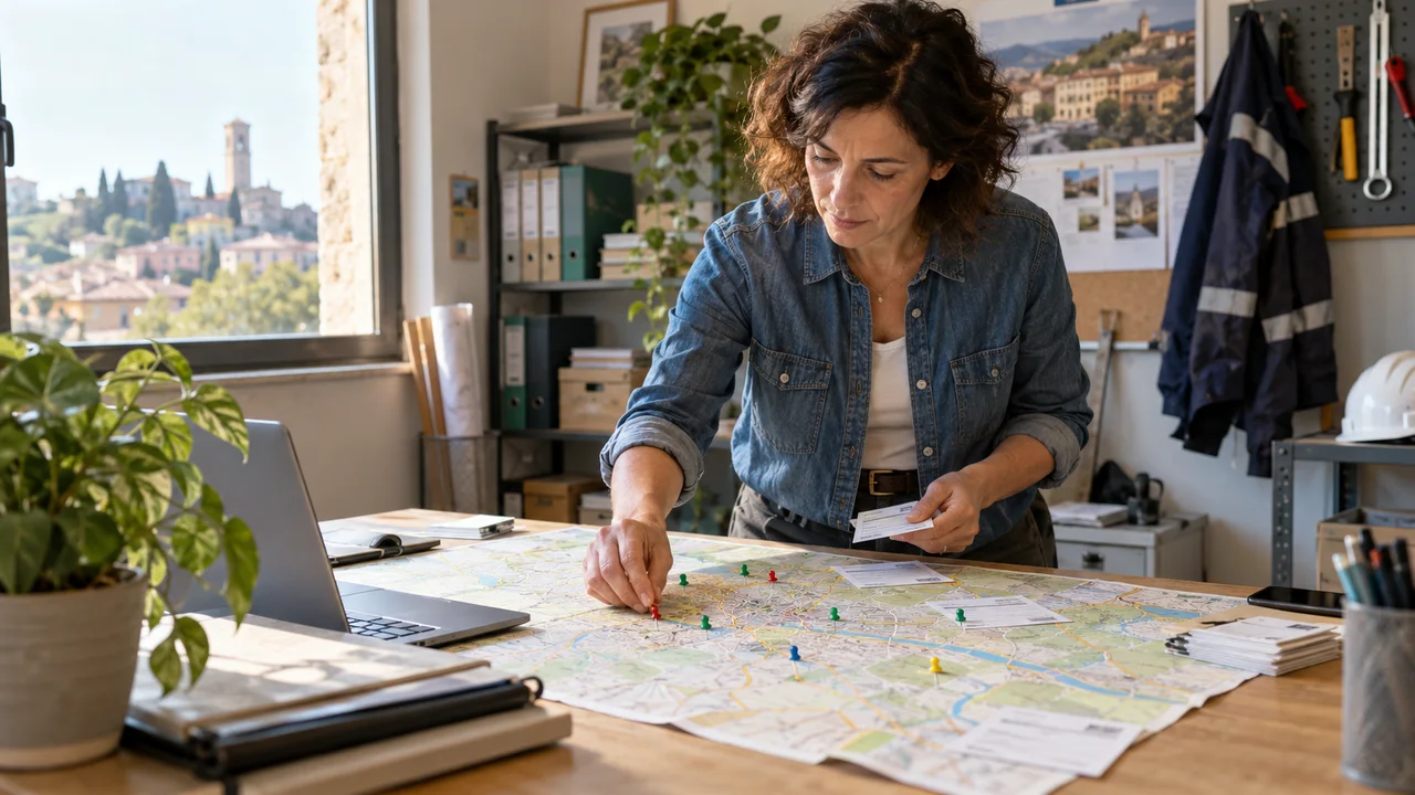 Responsabile di un’impresa di servizi che organizza interventi e zone operative su una mappa in ufficio.