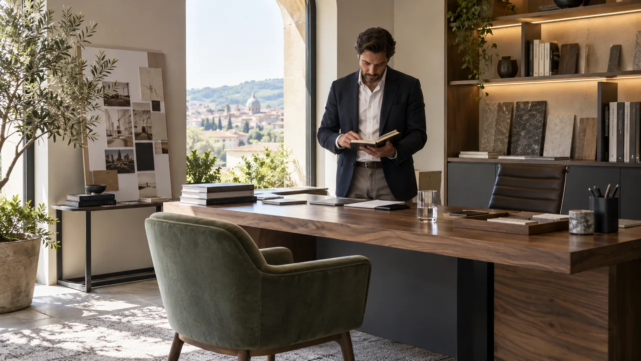professionista consulta un’agenda accanto a una postazione pronta ma vuota, con un telefono sul piano di lavoro.