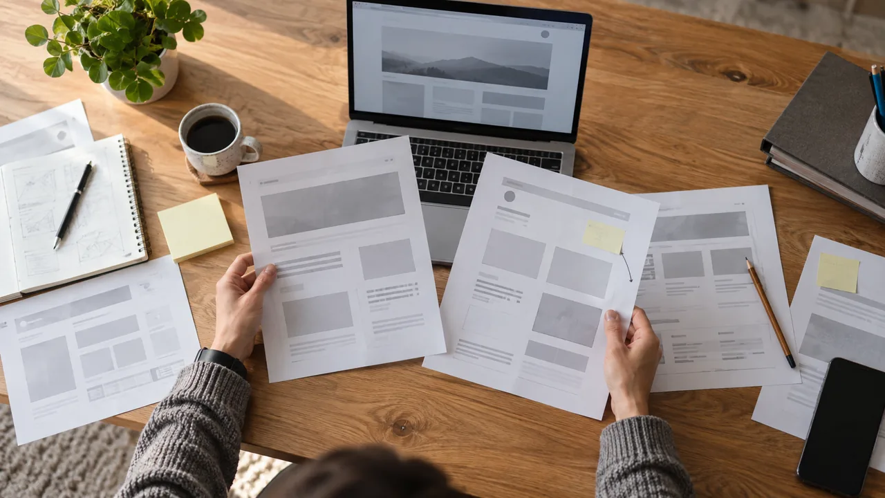 Postazione vista dall’alto con portatile, pagine del sito stampate e appunti per la revisione di un vecchio sito WordPress, in una scena illustrativa.
