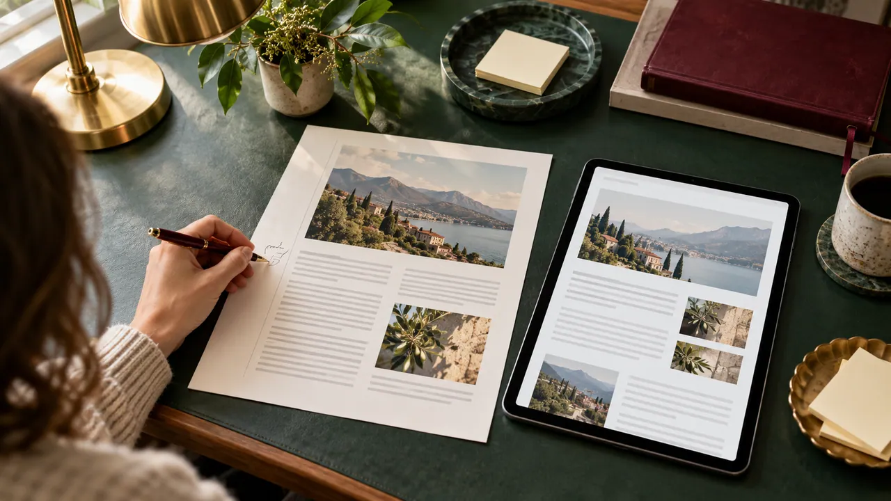 Una redattrice confronta un articolo stampato con la sua versione digitale su tablet