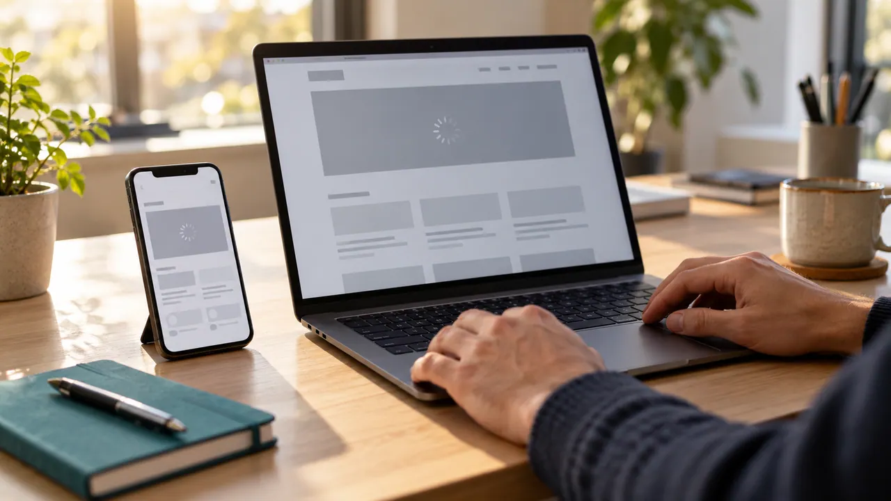 Un computer portatile e uno smartphone mostrano una pagina web in caricamento su una scrivania