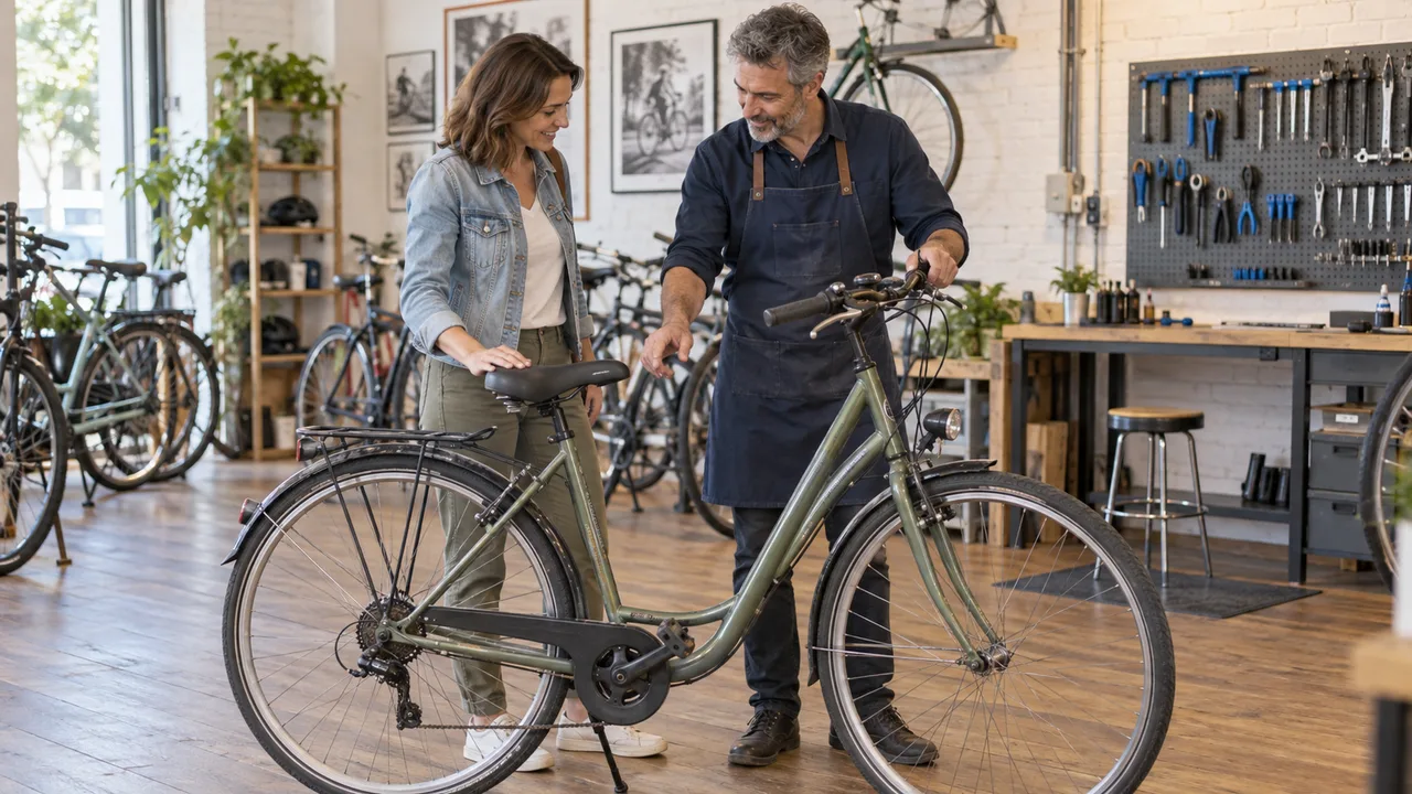 Un negoziante e un cliente esaminano insieme una bicicletta usata all’interno di un’officina ordinata.