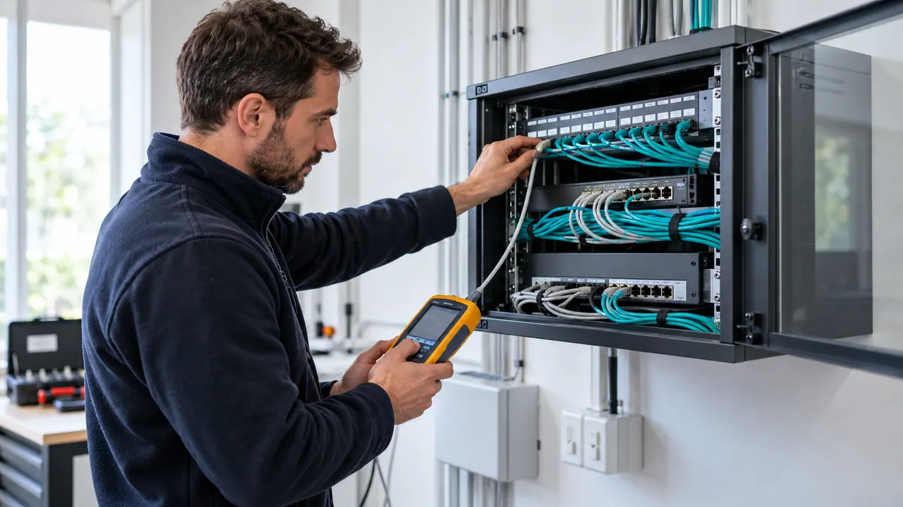 Un tecnico verifica i collegamenti di un piccolo armadio di rete.