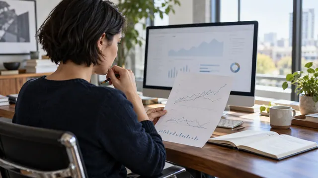 Un’analista confronta un rapporto cartaceo con i grafici sul monitor in ufficio