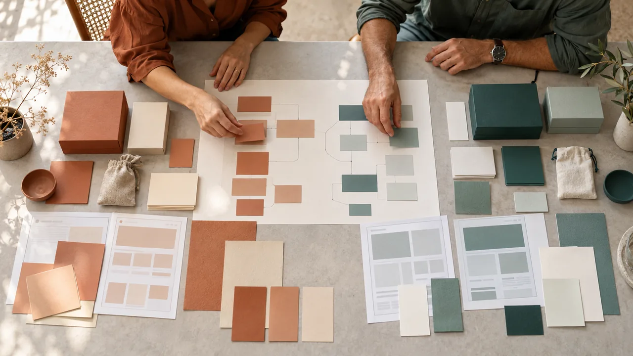 Due persone organizzano materiali di due identità visive, terracotta e verde, su un tavolo.