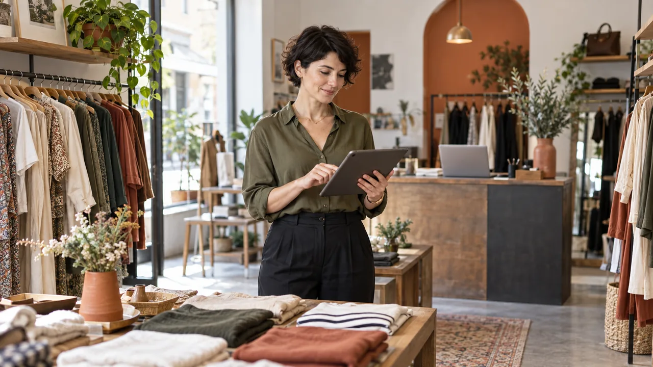 Scena illustrativa: la titolare di una boutique valuta il progetto del negozio online su un tablet fra abiti e prodotti.