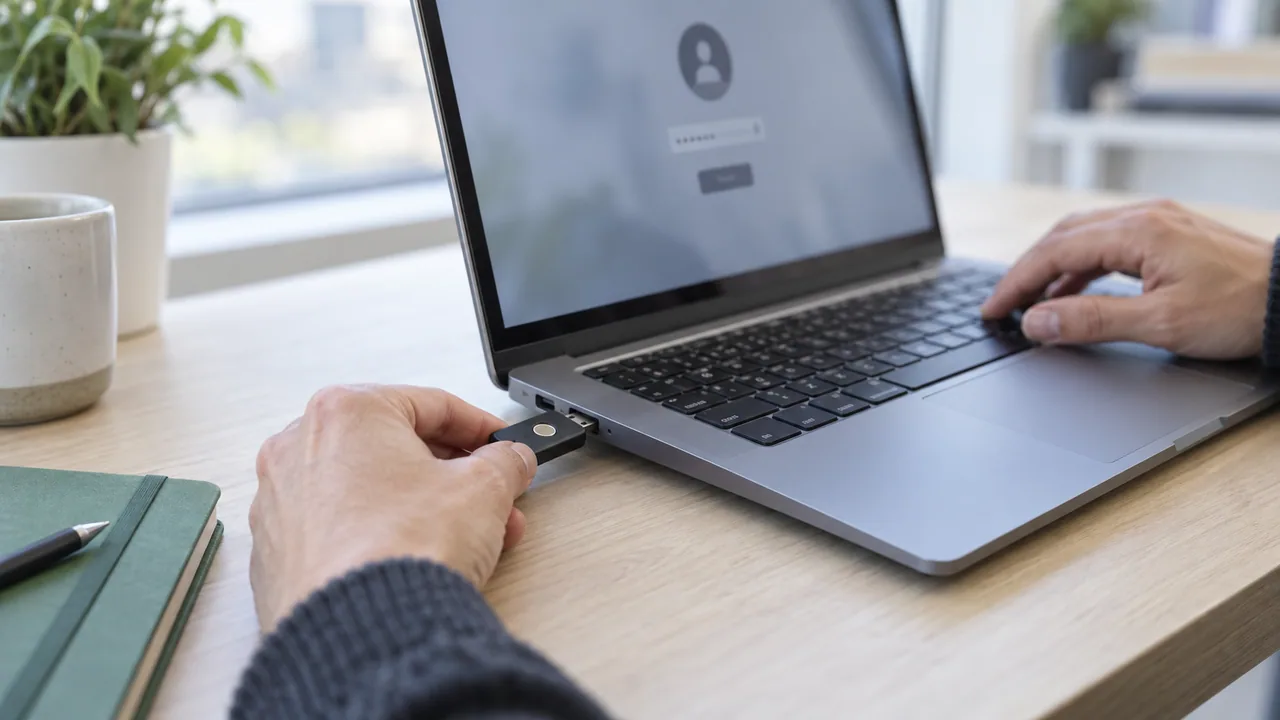 Persona che collega una chiave di sicurezza USB al portatile per accedere al pannello.
