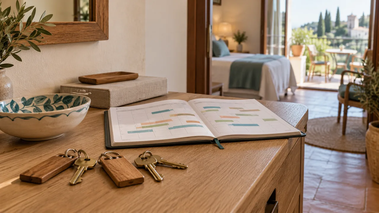 Scena illustrativa generata con AI: chiavi di appartamenti e calendario delle disponibilità sul banco di una casa vacanze.