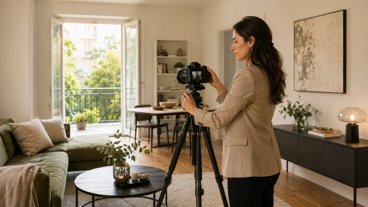 Professionista prepara fotografie di un appartamento con una fotocamera su treppiede