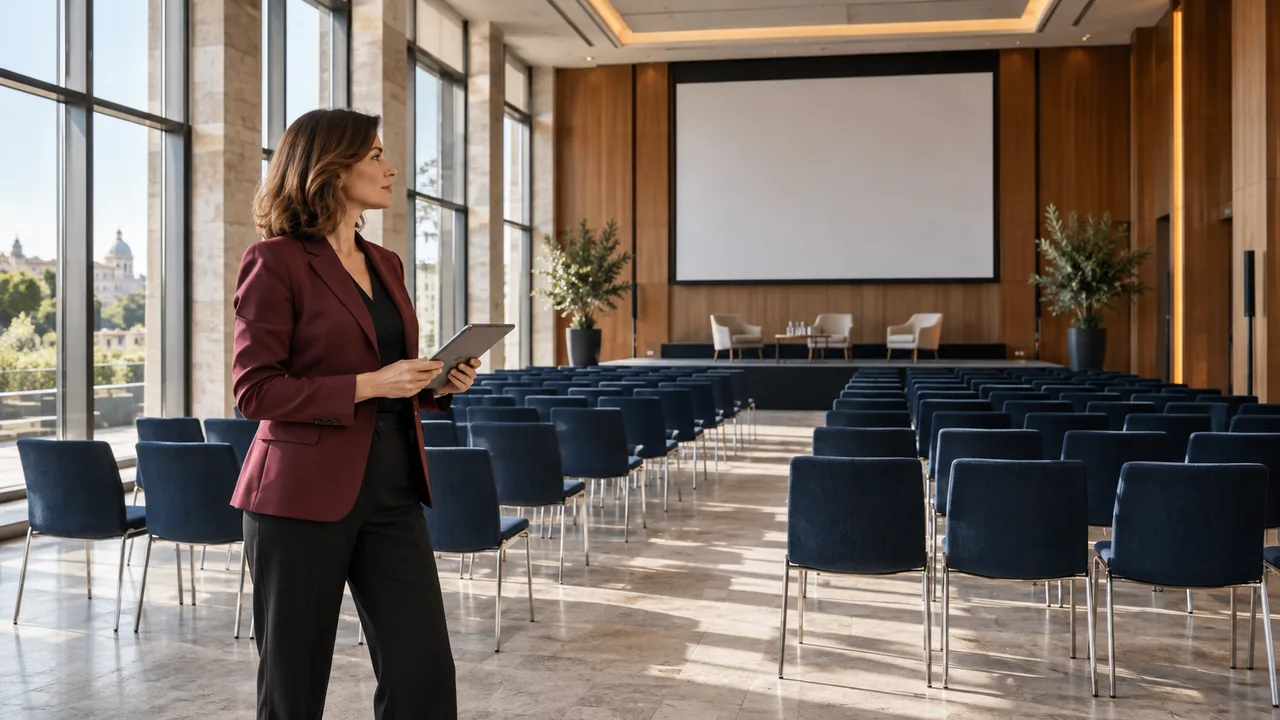 Organizzatrice con tablet che controlla l’allestimento di una sala congressi prima dell’apertura