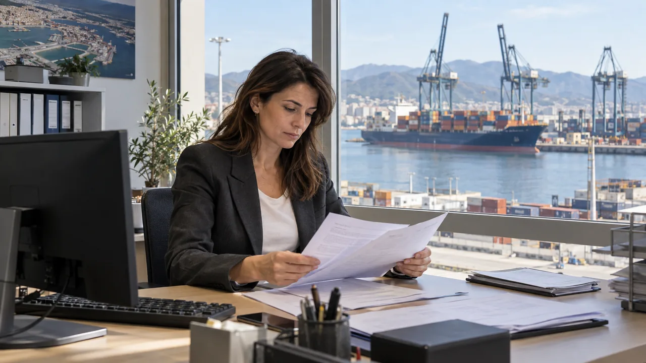 Scena illustrativa: una professionista esamina documenti generici in un ufficio affacciato su un terminal portuale.