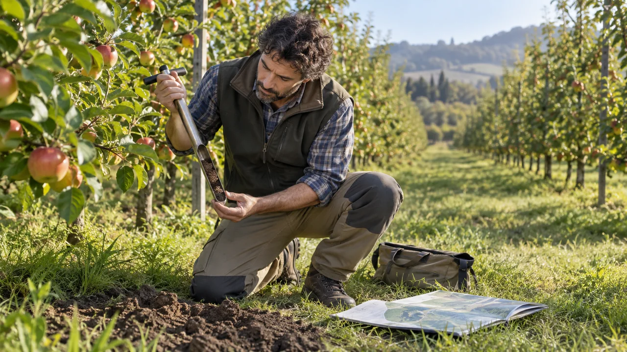 Agronomo esamina un campione di terreno durante un sopralluogo in un frutteto, in una scena illustrativa generata con AI.