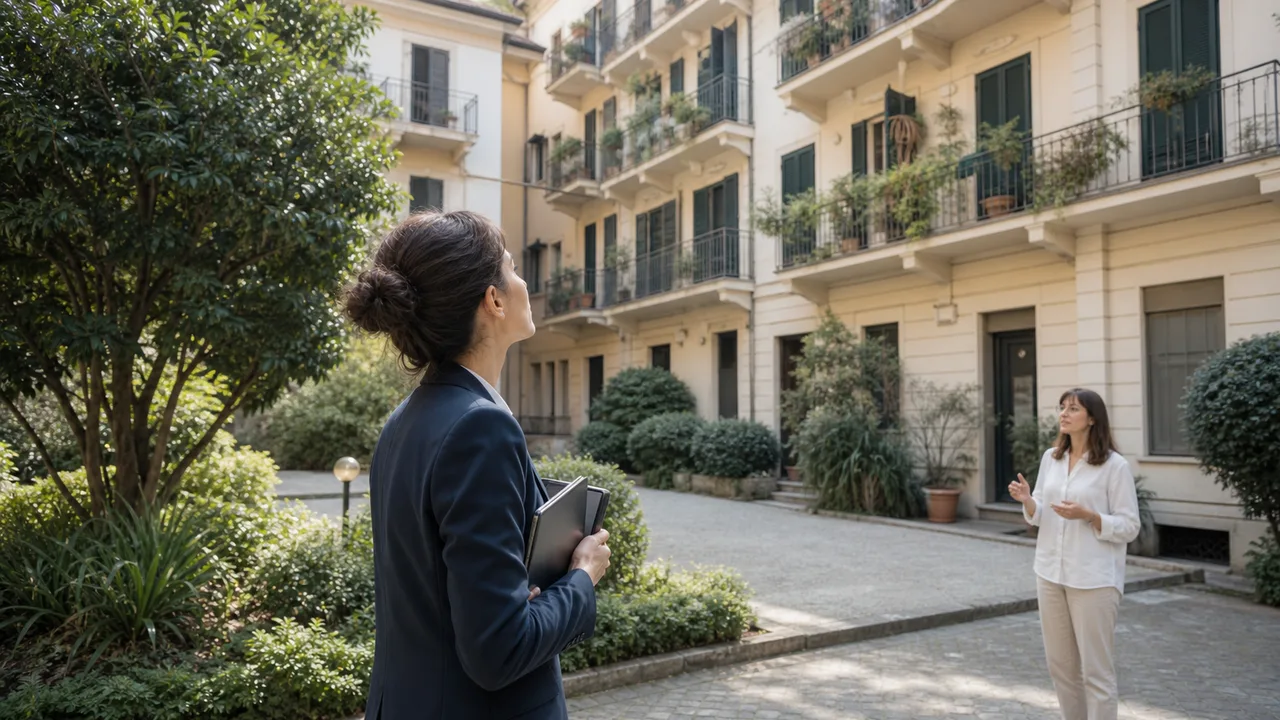 Un’amministratrice svolge un sopralluogo negli spazi comuni di un condominio