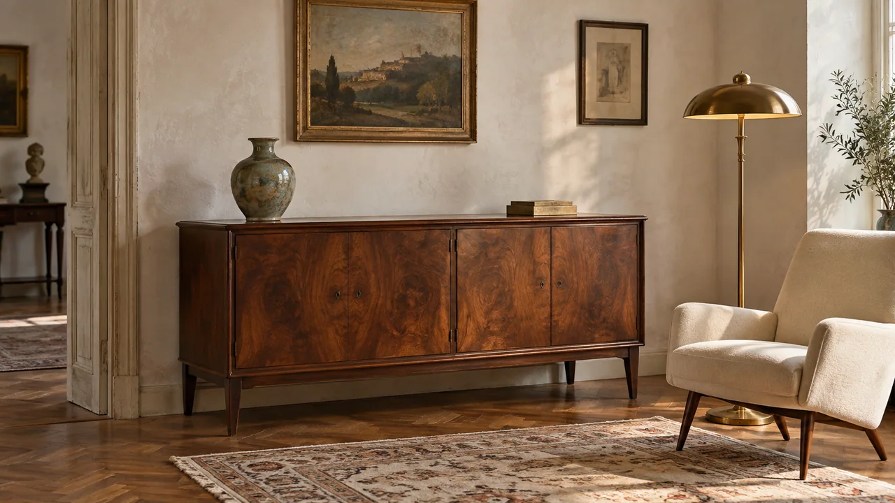 Scena illustrativa: credenza in legno, poltrona e lampada in una galleria di antiquariato e modernariato.