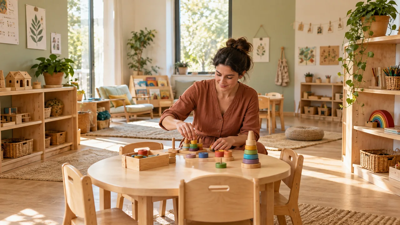 Un’educatrice adulta prepara giochi in legno e materiali in un’aula luminosa per la prima infanzia.